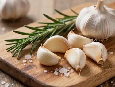 Close-up of fresh garlic cloves, rosemary sprigs, and sea salt scattered on a rustic wooden cutting board, warm natural kitchen light.