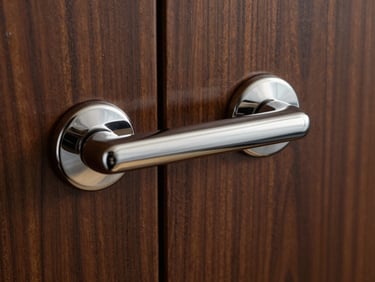 Close-up of a luxury satin chrome mortise door handle installed on a solid teak door, sharp metallic reflections.