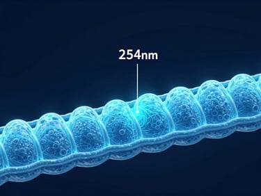 Technical schematic diagram of a UV-C light wave at 254nm penetrating a cellular membrane, clean vector style, glowing cyan light, deep navy background, sharp focus, 35mm