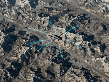 Wide-angle overhead isometric render of a multi-agent drone formation over procedurally generated Alpine terrain, training trajectory lines in cyan overlaid on satellite-accurate terrain mesh, cool neutral light