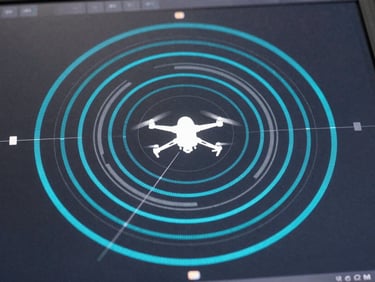 Extreme close-up of a sensor fusion visualization panel — cyan LiDAR point cloud rings expanding from a drone silhouette at center, radar return arcs in pale silver overlaid on a dark graphite UI surface, thin GPS trace lines crossing the frame, cool studio lighting, no humans