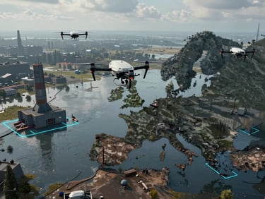 Isometric view of autonomous drones flying search patterns over a procedurally generated flooded European industrial zone, cyan bounding box annotations visible on structures below, overcast cool light