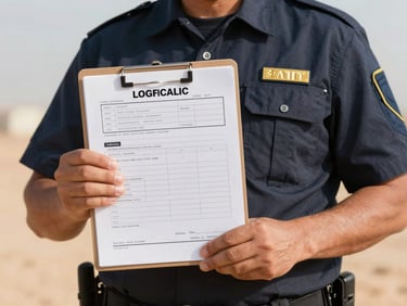 Close-up of a uniformed logistics supervisor holding a clean, official clipboard with waste transfer documentation, bright outdoor desert light.
