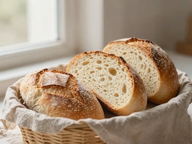 Uma cesta de pães artesanais de fermentação natural, com crosta rústica e interior macio, dispostos sobre um pano de linho, luz do sol da manhã.