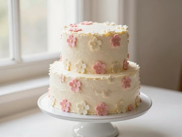 Um bolo de três andares decorado com glacê suave e pequenas flores de açúcar rosa e brancas, em um pedestal de cerâmica branca, luz natural.