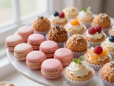Uma bandeja de doces finos variados, incluindo macarons rosa, brigadeiros gourmet e mini-tortinhas de frutas, dispostos artisticamente, luz difusa.