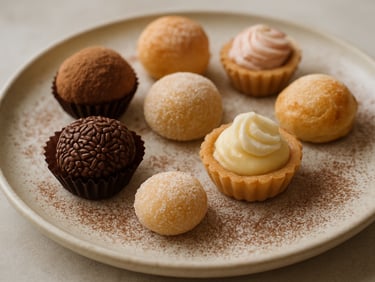 An elegant arrangement of various small Brazilian brigadeiros and fine pastries on a ceramic plate, dusted with cocoa powder and powdered sugar, soft natural window light, muted pastel tones, shallow depth of field, 35mm.