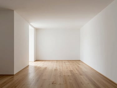 Symmetrical one-point perspective of a modern living space render, architectural white walls, minimalist layout, soft diffused daylight, 35mm