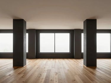 Minimalist residential interior under construction, clean structural columns, precise alignment, natural light filtering through large windows, 35mm