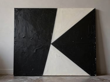 Chiaroscuro photograph of a large abstract canvas resting against a raw plaster wall, deep shadows casting geometric angles across the textured paint surface.