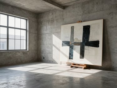 Wide interior of a high-ceilinged minimalist concrete art studio, bright afternoon light casting sharp geometric window shadows across a massive abstract painting on an easel.