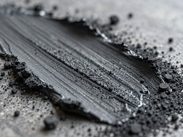 Macro texture of raw charcoal dust and thick oil paint ridges on a canvas, soft diffused overcast daylight emphasizing physical ridges.