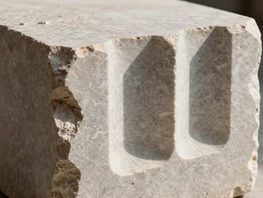 A close-up of a hand-carved limestone block showing raw, fractured edges contrasted with perfectly smooth, geometric cuts, cast in sharp architectural shadows.