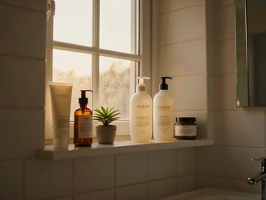 Wide environmental shot, golden afternoon light through a window, a tidy bathroom shelf with a few carefully arranged personal-care products — hand lotion, a small plant, a glass jar — shot from a slightly low angle, warm tones, intimate domestic scale