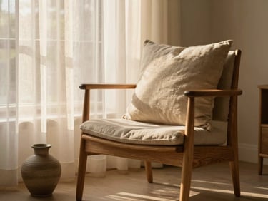 Wide shot of a living room corner with a linen cushion on a natural wood chair, golden afternoon light through sheer curtains, a small ceramic vase beside it