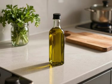 Kitchen counter top view with a small olive oil bottle, fresh herbs in a glass jar and a wooden cutting board under warm morning light