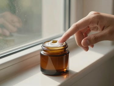 Close-up of hands applying a cream from a small amber glass jar resting on a bathroom shelf, warm natural window light, soft texture visible on fingertips