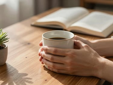 Hands wrapping around a warm ceramic mug on a wooden bedside table, morning light, a small plant and open book blurred in background