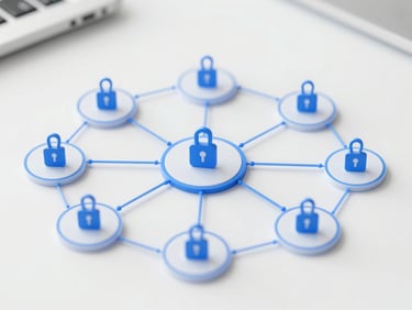 Abstract blue-tinted network diagram showing secure microservices communication, clean tech photography.