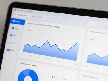 Close-up of a React dashboard interface showing API latency graphs, crisp daylight, blue and white tones.