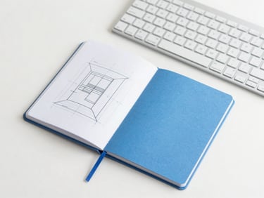 Flat-lay of a clean workspace with a notebook, a wireframe sketch, and a sleek keyboard, bright daylight, crisp blue and white tones, 50mm