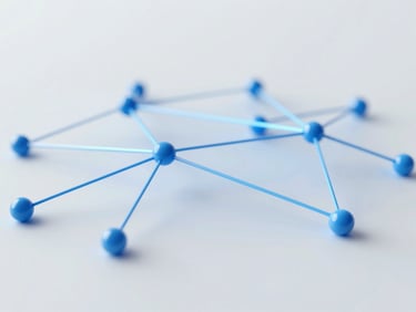 Abstract blue-tinted network diagram showing interconnected nodes, glowing lines, clean tech aesthetic, shallow depth of field, 50mm