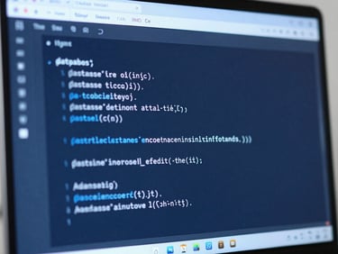 Macro shot of a clean code editor showing database queries, soft blue ambient light, modern developer setup, shallow depth of field, 50mm