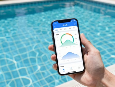 A hand holding a smartphone showing a high-tech pool chemistry dashboard with water parameter charts, bright midday sunlight, clear turquoise pool water with geometric tile lines in the background