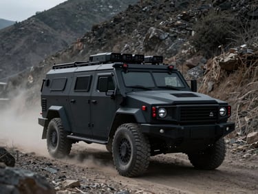 Low-profile matte black armored transport vehicle driving through a dusty, remote mountain pass, dramatic low-key lighting, cool desaturated tones, sharp details, 35mm lens.