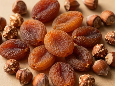 Overhead flat-lay of unbleached dried apricots and natural hazelnuts, rich terracotta and warm sand tones, soft natural light, 35mm.