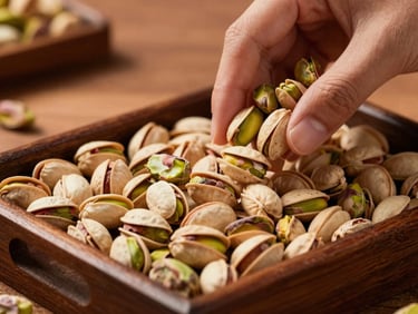 Hands gently sifting freshly roasted pistachios on a traditional wooden tray, warm low-angle light, rich terracotta and olive tones, macro focus, 35mm.