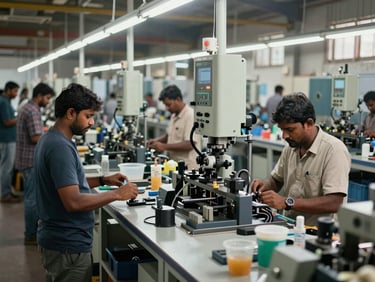 A busy, well-organized local manufacturing floor in India, active workers managing machinery, bright daylight, showcasing structured systems.