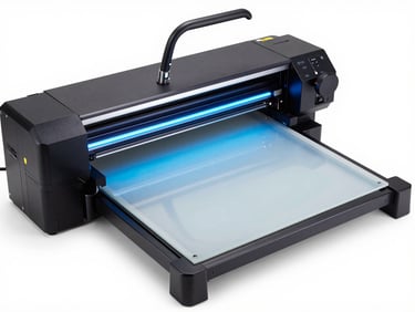 Overhead study of a UV flatbed printer's vacuum bed clamping a rigid acrylic substrate, LED curing lamp bar glowing cool blue above the print zone, studio strobe isolation on white, no warmth