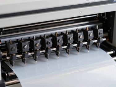 Extreme close-up of an industrial DTF printer's ink head array above a moving PET film roll, droplets in mid-flight, cool studio strobe lighting, mechanical detail sharp against white background