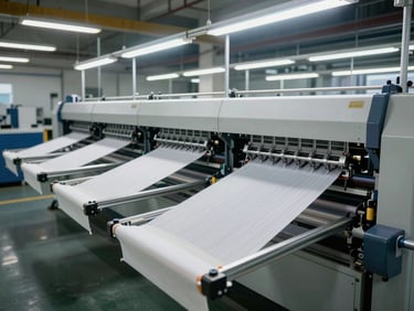Wide environmental shot of an automatic textile carousel screen printing machine mid-cycle, multiple print heads in position above garment pallets, cool industrial overhead lighting, factory floor context