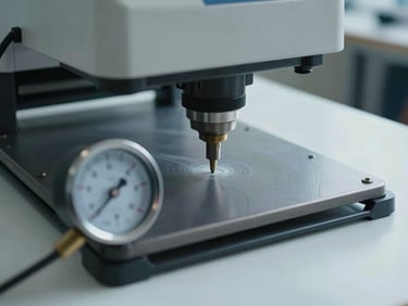 Close-up of a pneumatic heat press platen descending onto a garment transfer, pressure gauge in sharp focus foreground, cool north-facing daylight, no operator hands visible
