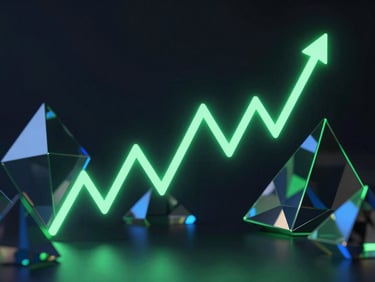 Sleek 3D render of a glowing neon green trend line cutting through dark geometric glass prisms, dark studio lighting.