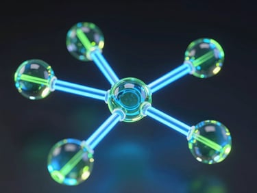 Close-up macro shot of interconnected 3D glass nodes, glowing electric blue lines, dark ambient studio lighting.