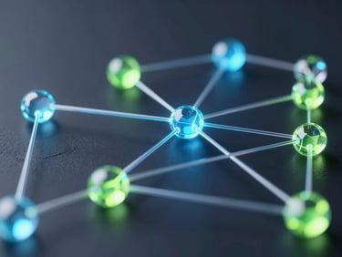 Sleek 3D render of interconnected glassmorphic network nodes with glowing electric blue lines, dark ambient studio lighting, macro depth of field