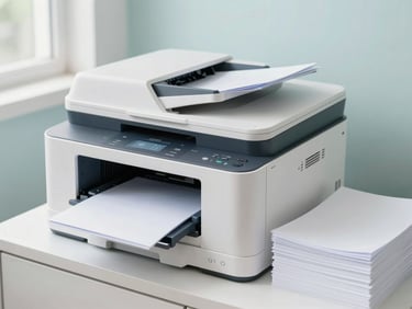 A modern compact white office printer on a side cabinet, neatly stacked white paper beside it, bright natural lighting, professional 35mm