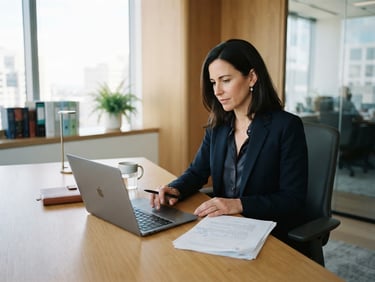 Bright editorial photography of a professional lawyer's office, clean natural light, a lawyer reviewing documents on a fast laptop with a clean desk, soft blue and green accents, shallow depth of field, 35mm