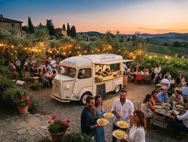Wide shot of a vintage food truck parked in a Tuscan garden at sunset, warm string lights hanging from olive trees, happy guests holding plates of fresh pasta, golden hour light, warm editorial photography.