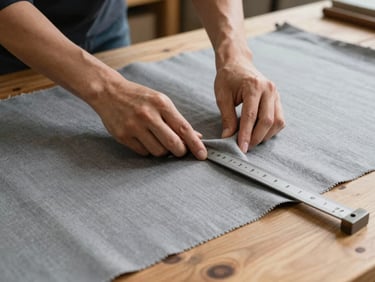 Hands of an artisan measuring a piece of high-quality grey contract fabric on a large wooden workshop table, focus on the fabric texture.