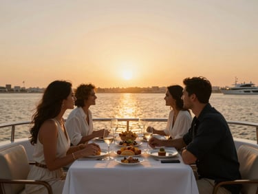 Intimate luxury dinner setup on a private yacht at sunset, warm golden hour light, premium UAE aesthetic