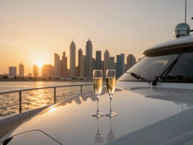 Editorial photography of a sleek luxury yacht deck, champagne glasses in sharp focus, Dubai skyline blurred in the warm sunset background.