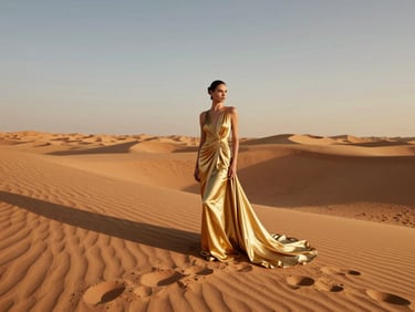 Cinematic wide-angle shot of an editorial fashion model in a flowing gold gown standing on a desert dune at golden hour, dramatic shadows, premium UAE aesthetic.