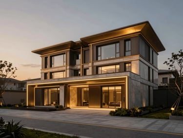 High-end 3D architectural render of a luxury duplex, warm exterior lighting, minimalist landscape design, dusk atmosphere