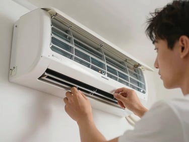 Close-up of a technician's hands adjusting a modern wall-mounted air conditioning unit, natural soft daylight.