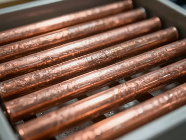 Gros plan technique sur des tuyaux de cuivre neufs parfaitement alignés et soudés dans une buanderie propre, reflets métalliques nets