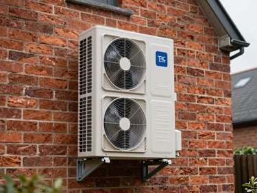 A modern outdoor heat pump unit neatly installed against a traditional Northern French red brick house wall, overcast daylight.